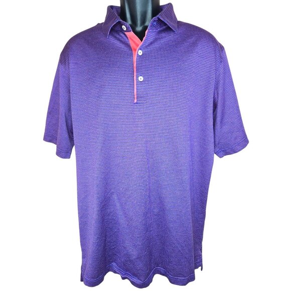 Peter Millar Mens Polo Shirt Large Purple & Red Micro Check 100% Cotton - Picture 1 of 7